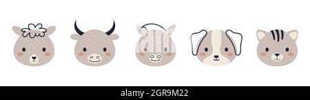 Ensemble de têtes d'animaux domestiques mignons de style scandinave. Collection animaux personnages drôles pour enfants cartes, douche de bébé, invitation d'anniversaire, maison i Illustration de Vecteur