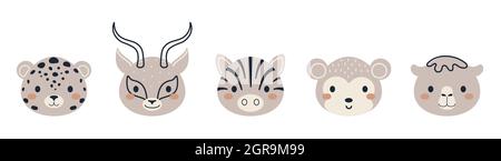 Ensemble de têtes d'animaux africains mignons de style scandinave. Collection animaux personnages drôles pour enfants cartes, douche de bébé, invitation d'anniversaire, maison dans Illustration de Vecteur