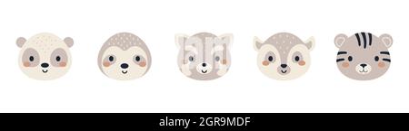 Ensemble de têtes d'animaux mignons de style scandinave. Collection animaux personnages drôles pour enfants cartes, douche de bébé, invitation d'anniversaire, intérieur de maison. Illustration de Vecteur
