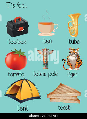 Beaucoup de mots commencent par la lettre T. Illustration de Vecteur