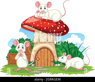 Maison aux champignons avec trois souris de style caricatuesque sur fond blanc Illustration de Vecteur