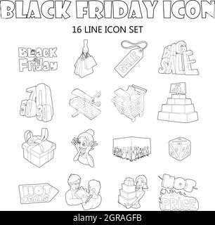Vendredi noir, style contour icons set Illustration de Vecteur