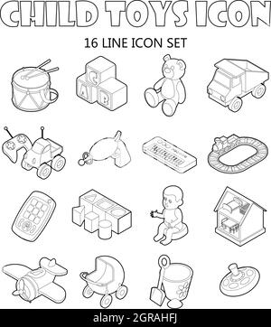 Jeu d'icônes de jouets pour enfants, style de contour Illustration de Vecteur