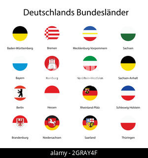Emblèmes, drapeaux des terres fédérales allemandes, état isolé avec des noms de texte. Vecteur Illustration de Vecteur