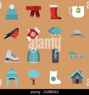 Icônes d'hiver, jeu style plat Illustration de Vecteur