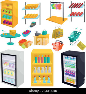 Supermarché icons set, cartoon style Illustration de Vecteur