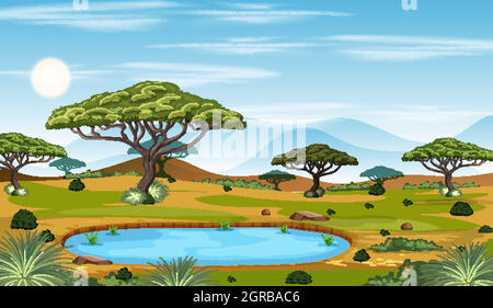 Paysage de la forêt de Savanna africaine à l'heure de la journée Illustration de Vecteur