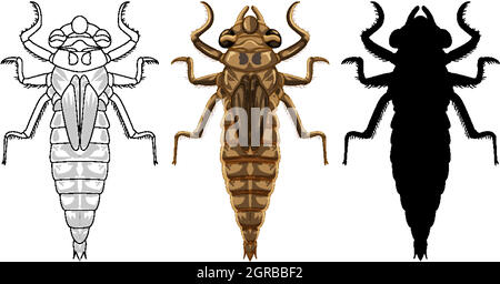 Ensemble de scarabée libellule en trois styles Illustration de Vecteur