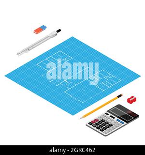 Architectes, concept d'ingénieur. Projet d'architecture d'appartement plan d'esquisse, calculatrice, crayon, gomme et autres fournitures Illustration de Vecteur