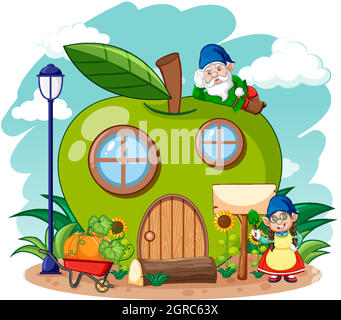 Gnomes et maison de pomme verte dans le style de dessin animé de jardin sur fond de ciel Illustration de Vecteur