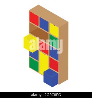 Meubles d'étagère de stockage modulaire en cube. Organisateur de jouets isolé sur fond blanc vue isométrique. Illustration de Vecteur