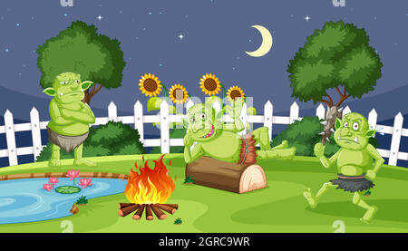 Gobelins ou trolls avec feu de camp nuit dans le style de dessin animé sur fond de jardin Illustration de Vecteur