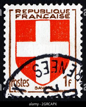 FRANCE - VERS 1949 : un timbre imprimé en France montre les armoiries de Savoie, vers 1949 Banque D'Images