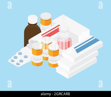 Divers médicaments. Pilules, capsules plaquettes thermoformées, flacons en verre avec médicaments liquides et tubes en plastique avec bouchons. Collecte de médicaments et de suppléments. Isomet Illustration de Vecteur