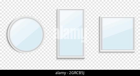 Ensemble de miroirs de différentes formes isolées. Cadre de miroir, modèle de miroir blanc. Design pour meubles d'intérieur. Surfaces en verre réfléchissant isolées. Illustration de Vecteur