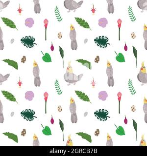 Motif sans couture avec perroquets de cocatel, feuilles tropicales et fleurs. Joli imprimé bébé pour le tissu et le textile. Illustration de Vecteur