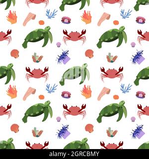 Motif animal marin sans couture avec crabe et tortue, mouillage. Imprimé habitants du monde sous-marin. Illustration vectorielle de la vie sous-marine dessinée à la main. Drôle de dessin animé animaux marins Illustration de Vecteur