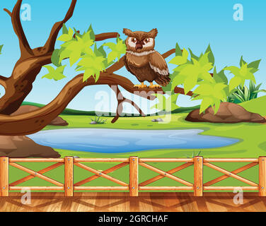 Un hibou assis dans une scène d'arbre Illustration de Vecteur