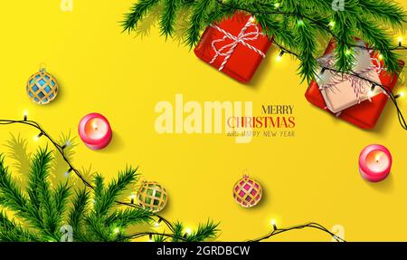 Vectorisation réaliste fond de Noël et du nouvel an, bannière, prospectus, carte de vœux, carte postale. Orientation carrée. Fond jaune avec boîtes cadeaux et Illustration de Vecteur