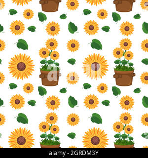 Motif sans coutures avec de jolis tournesols et feuilles Illustration de Vecteur