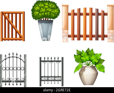 Barrières et portails différents avec plantes Illustration de Vecteur