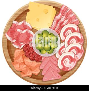 Plateau de diverses viandes froides et fromages isolés sur fond blanc illustration Illustration de Vecteur