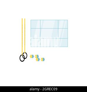 Dessin animé plat anneaux de gymnastique et haltères près de la fenêtre, style de vie sain, sports activités vecteur d'illustration concept Illustration de Vecteur