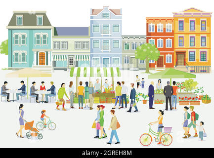 Marché hebdomadaire dans une rue commerçante, vie urbaine, illustration Illustration de Vecteur