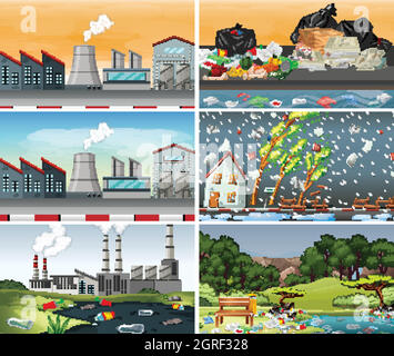 Ensemble de scènes polluées Illustration de Vecteur
