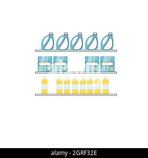 Tablettes de dessin animé plates avec différents produits de nettoyage, produits chimiques domestiques magasin éléments intérieurs vecteur d'illustration concept Illustration de Vecteur