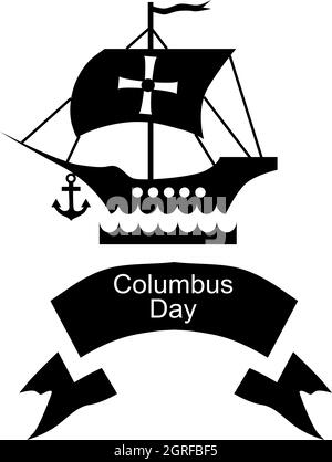 Bateau et ruban de l'icône de la journée de Columbus, style simple Illustration de Vecteur