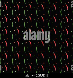 Motif épicé sans couture avec gousses de piment rouge et vert verticalement, tranches de poivron rouge coupé sur fond noir. Format d'image 1:1. Une alimentation saine Banque D'Images