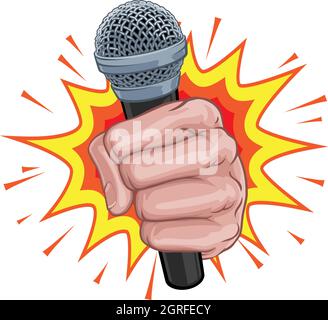 Microphone poing explosion main Pop Art dessin animé Illustration de Vecteur