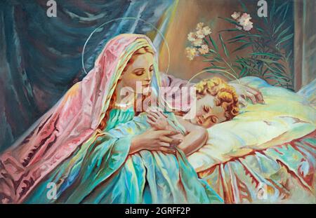 BERNOLAKOVO, SLOVAQUIE, 29 DÉCEMBRE 2016 : peinture de Madonna avec l'enfant Jésus par artiste inconnu de 20. Cent. Banque D'Images