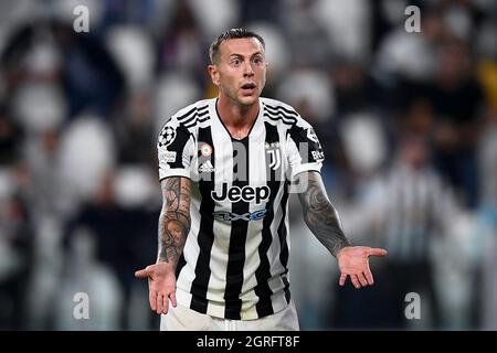 Turin, Italie. 29 septembre 2021. Federico Bernardeschi du FC Juventus réagit lors du match de football de la Ligue des champions de l'UEFA entre le FC Juventus et le FC Chelsea. Credit: Nicolò Campo/Alay Live News Banque D'Images