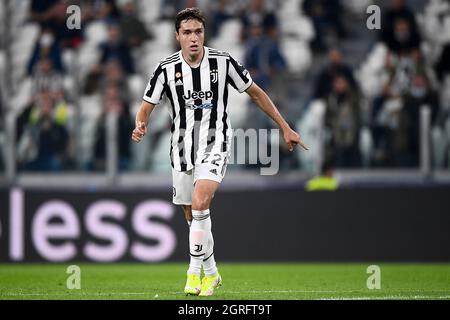 Turin, Italie. 29 septembre 2021. Federico Chiesa de Juventus FC gestes lors du match de football de l'UEFA Champions League entre Juventus FC et Chelsea FC. Credit: Nicolò Campo/Alay Live News Banque D'Images