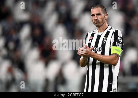 Turin, Italie. 29 septembre 2021. Leonardo Bonucci de Juventus FC gestes lors du match de football de l'UEFA Champions League entre Juventus FC et Chelsea FC. Credit: Nicolò Campo/Alay Live News Banque D'Images