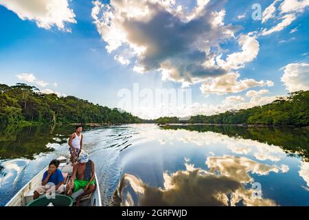 France, Guyane française, Parc Amazonien de Guyane, Camopi, famille amérindienne Teko naviguant sur la rivière Oyapock, frontière naturelle avec le Brésil Banque D'Images