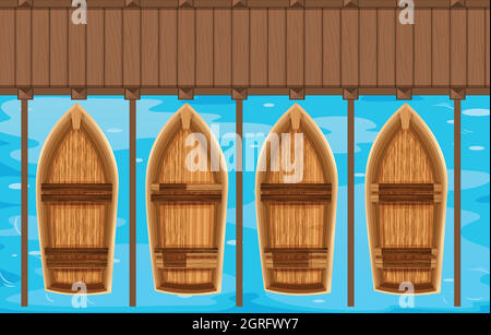 Stationnement de quatre bateaux sur la jetée Illustration de Vecteur