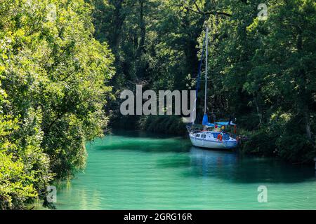 France, Savoie, entre Conjux et Chindrieux, canal de Savières, voilier Banque D'Images