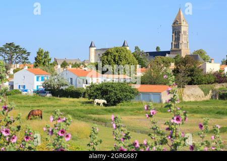 France, Vendée, île de Noirmoutier, Noirmoutier en ile, vue depuis le quai Jacobsen sur l'église Saint Philbert et le château Banque D'Images