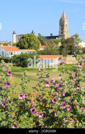 France, Vendée, île de Noirmoutier, Noirmoutier en ile, vue depuis le quai Jacobsen sur l'église Saint Philbert et le château Banque D'Images