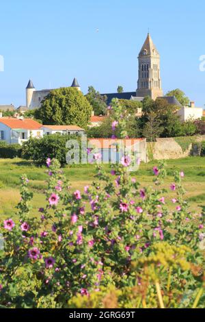 France, Vendée, île de Noirmoutier, Noirmoutier en ile, vue depuis le quai Jacobsen sur l'église Saint Philbert et le château Banque D'Images