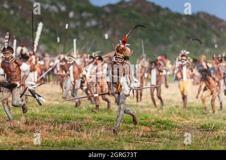 Indonésie, Papouasie, ville de Wamena, membres armés de la tribu Dani réadoptant une scène de guerre tribale. Festival culturel de Baliem Valley, chaque année en août, les tribus se réunissent pour effectuer des scènes de guerre ancestrales, des défilés et de la danse dans des vêtements traditionnels Banque D'Images