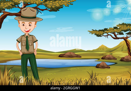 Park ranger dans scène africaine Illustration de Vecteur