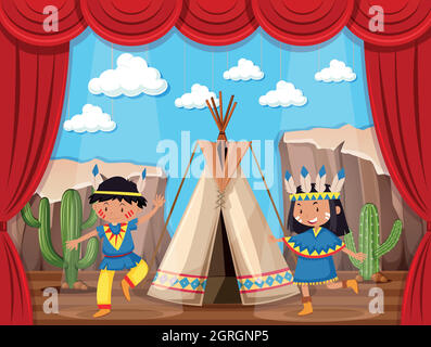 Garçon et fille jouant des Indiens indigènes sur scène Illustration de Vecteur
