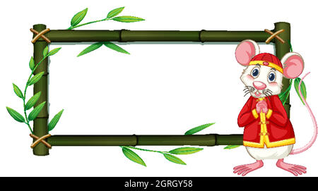 Modèle de bordure avec rat en costume chinois et cadre en bambou Illustration de Vecteur