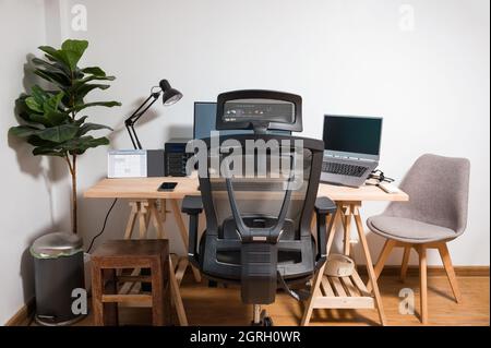 Bureau en bois avec ordinateur portable, écran, souris, lampe, chaise ergonomique et arbre artificiel dans le lieu de travail de la chambre Banque D'Images