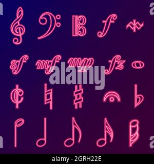 Panneaux musicaux Neon Vector Icons Set. Comédie musicale Clef, Down Beat, sforzando, forte, signes de piano. Illustration de Vecteur