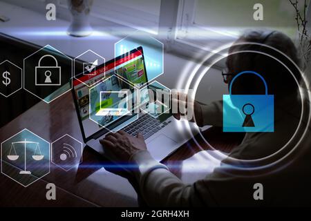 Concept de cybersécurité numérique et de protection réseau. Mécanisme de verrouillage virtuel pour accéder aux ressources partagées. Écran de contrôle virtuel interactif avec Banque D'Images